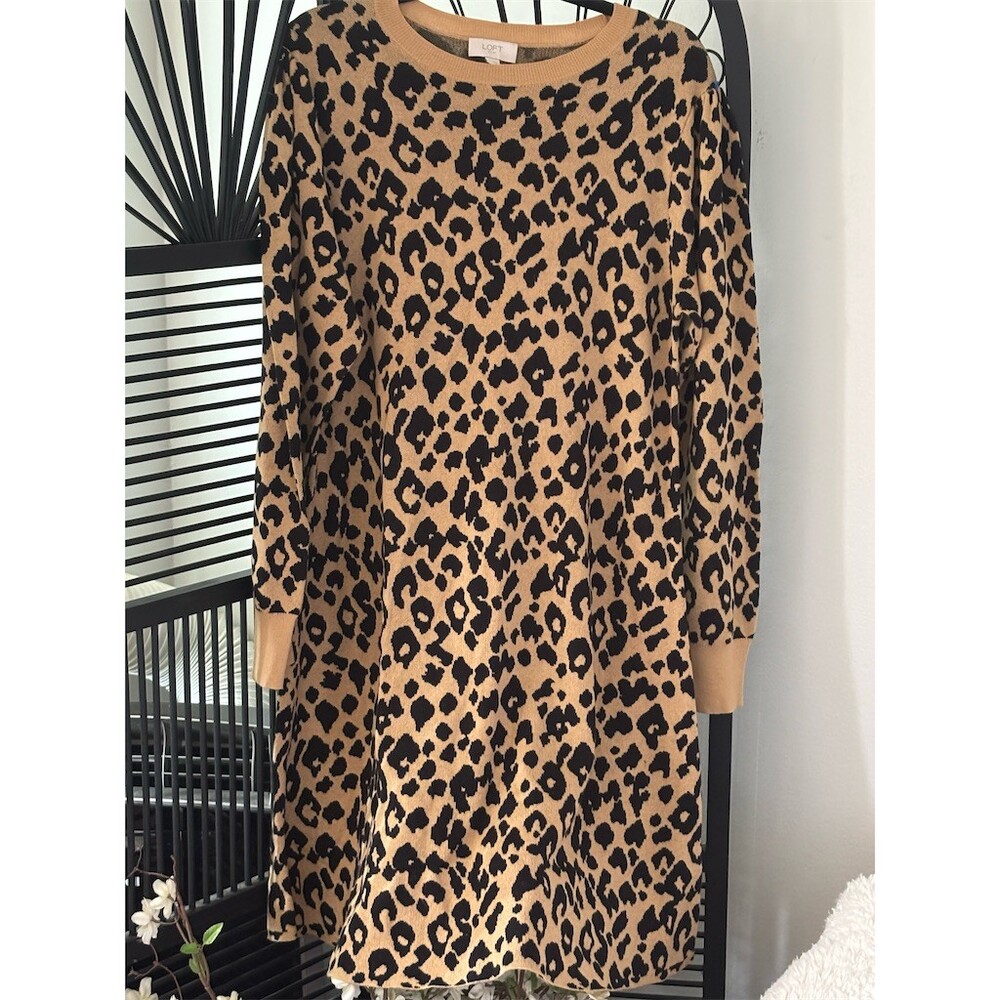 LOFT Outlet Sweater Dress Womens XL Tan Black Leopard Print Shift Mini LS